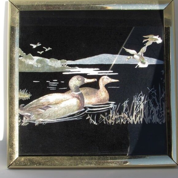 Vintage Pair Kafka Foiled Screened Etching Glass Art Ducks #1016 #1 - Picture 7 of 12